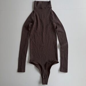 Free People Brown Glitter Sparkle Mock Neck Long Sleeve Bodysuit Sz Medium Large